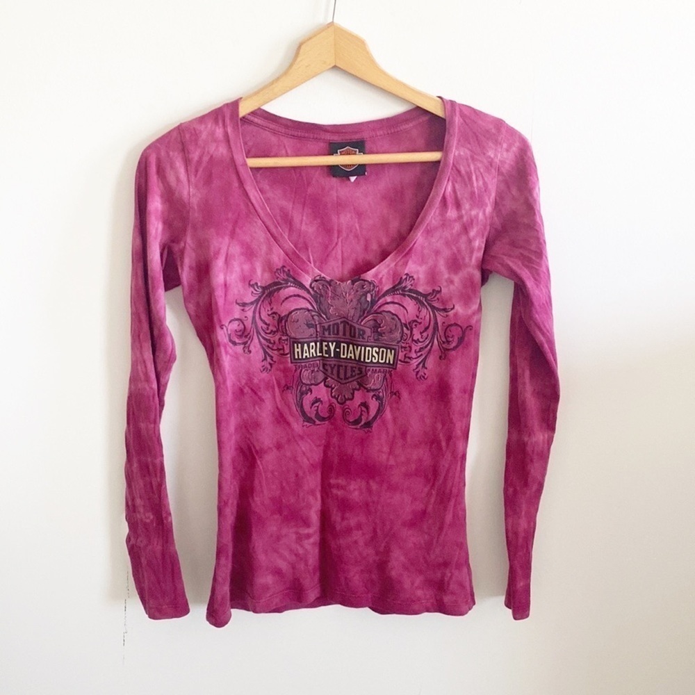 Harley-Davidson pink tie dye long sleeve v-neck top shirt